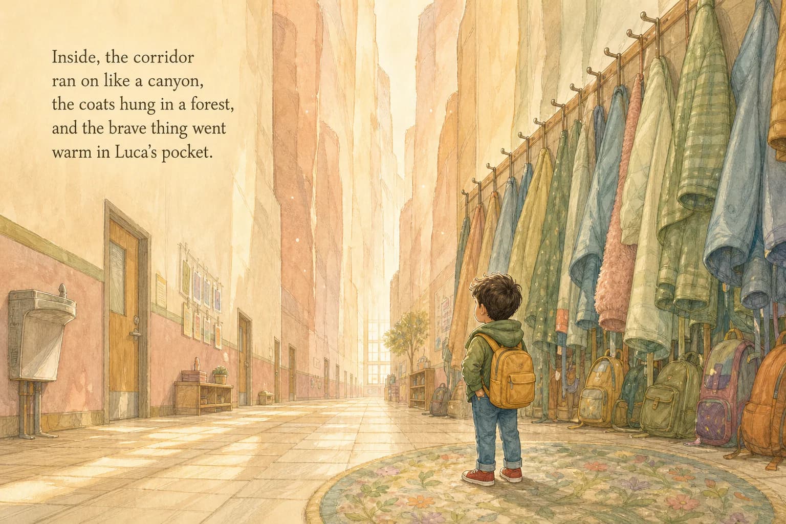 Luca walks through an enormous school corridor and a forest of coats