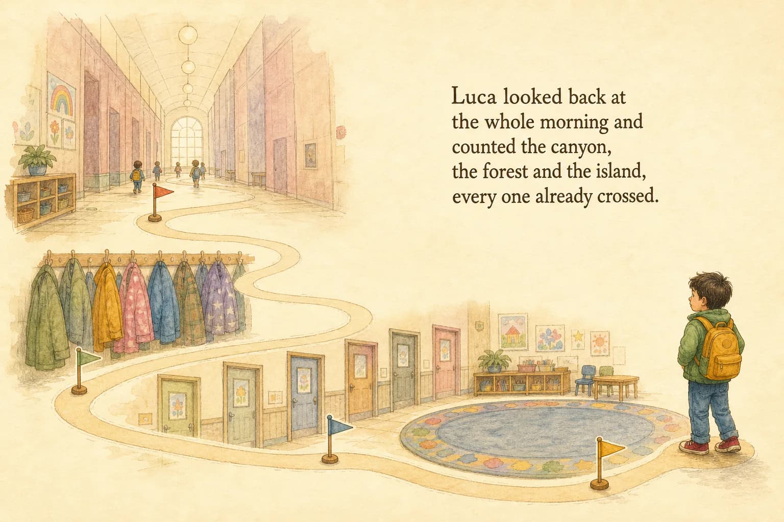 Luca looks back at the canyon, forest, and island already crossed