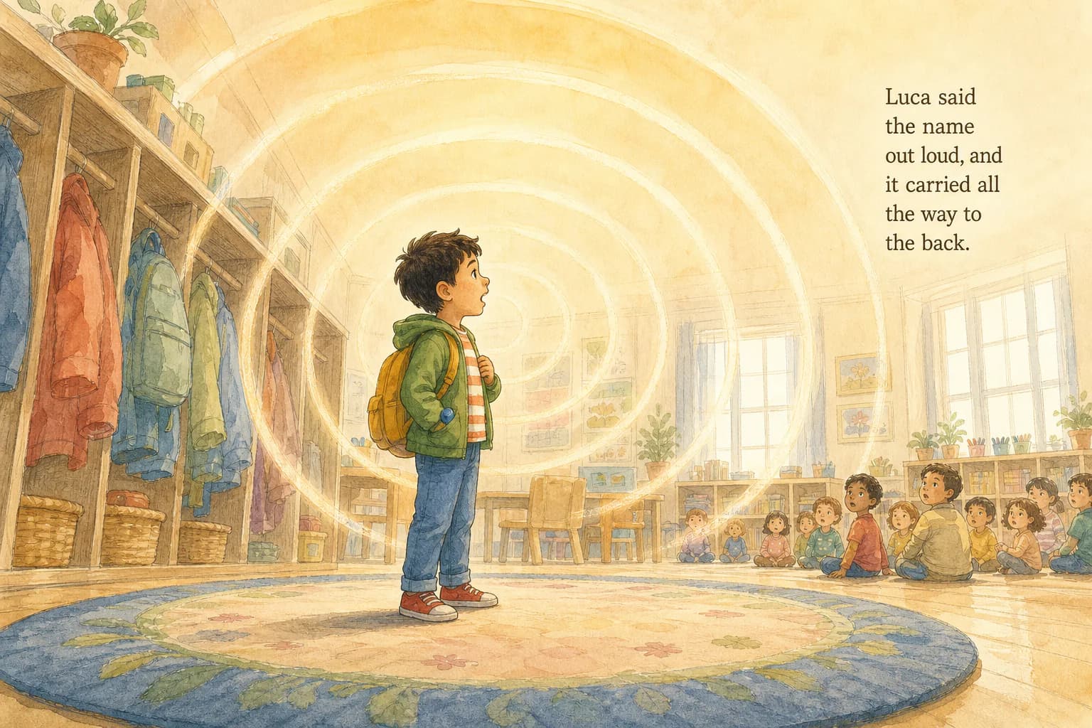 Luca says a new classmate's name in the classroom