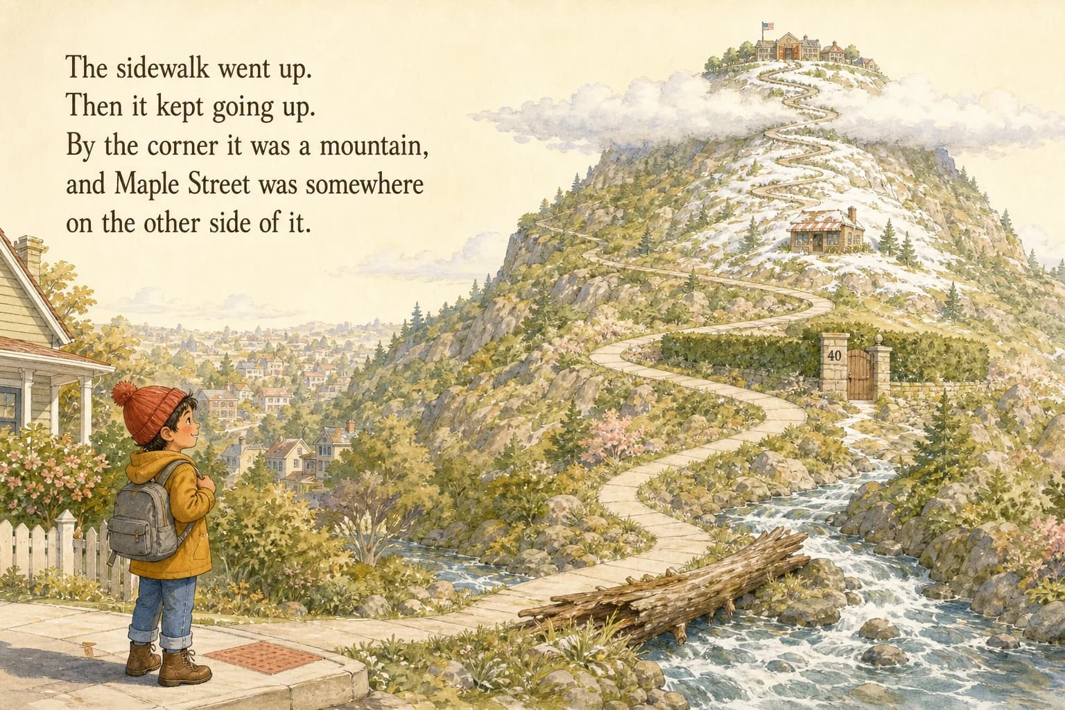 Luca looks up at a mountain road winding to a school at the summit