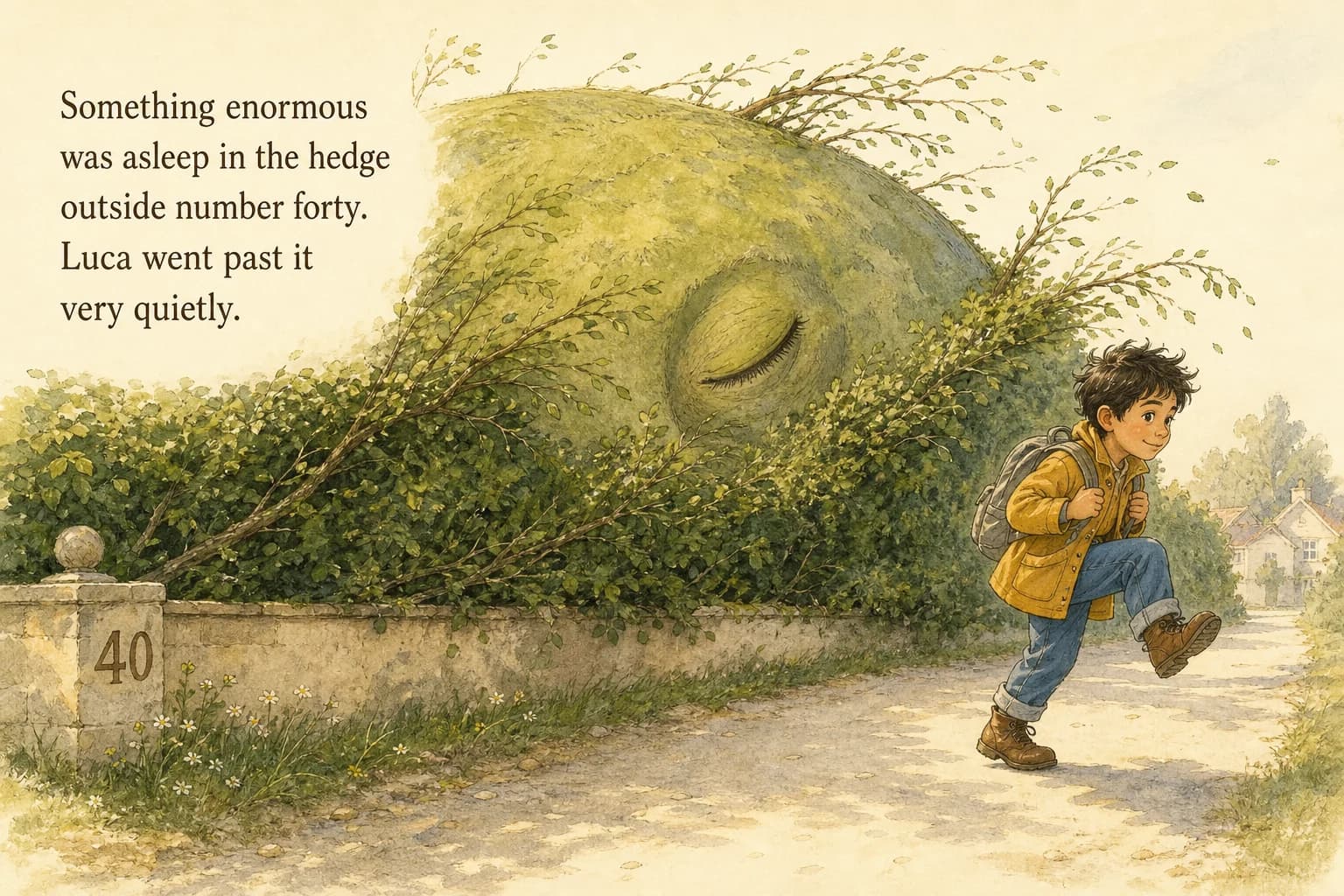 Luca tiptoes past something enormous asleep in a hedge