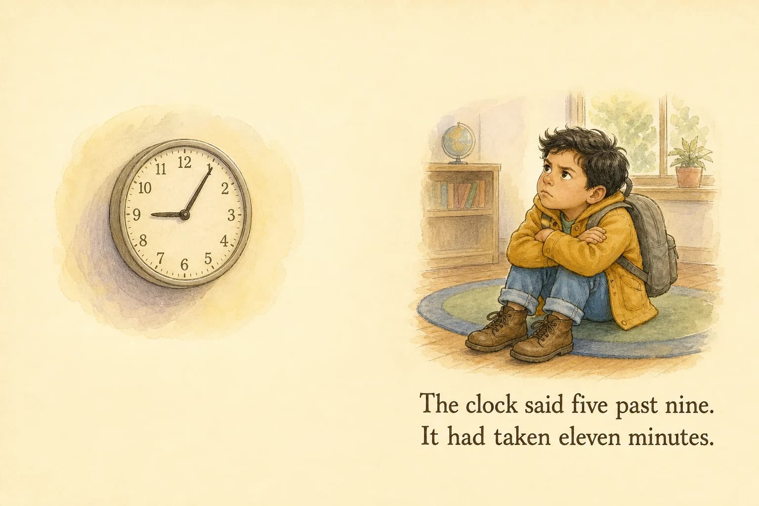Luca sits on the classroom rug looking up at a clock reading five past nine