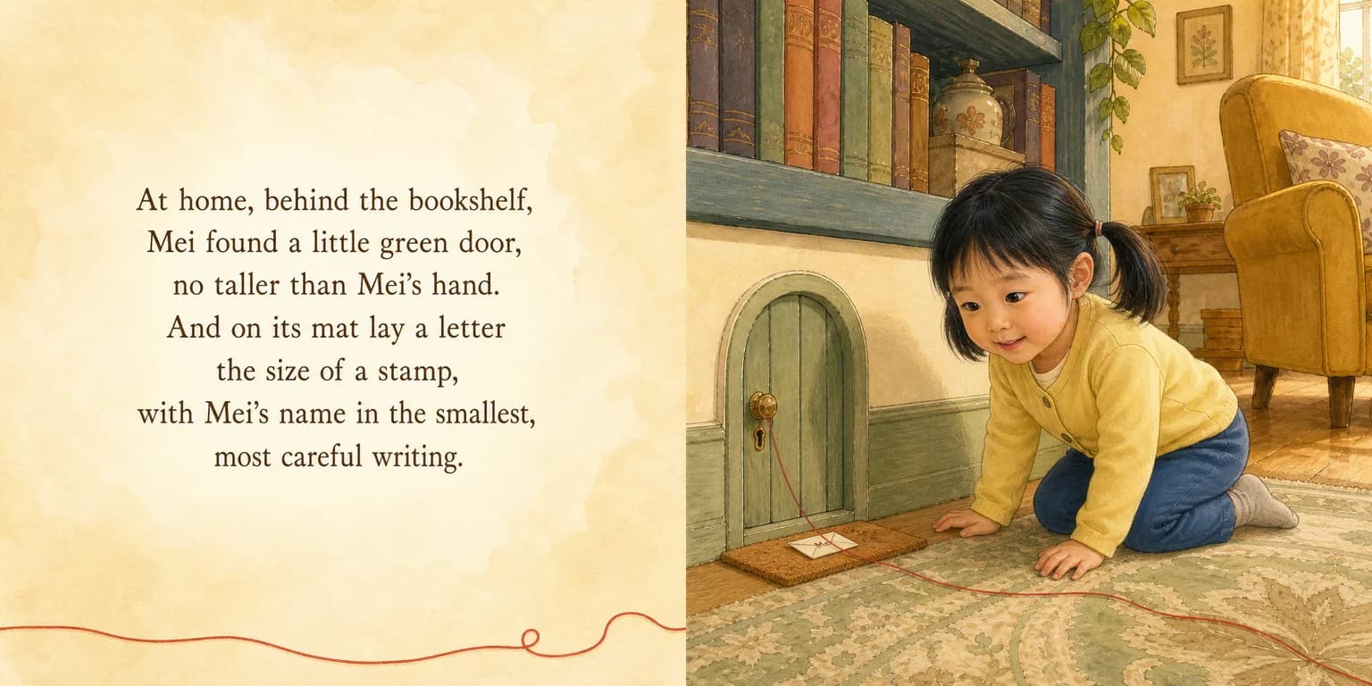 Mei finds a hand-high green door and a letter the size of a stamp