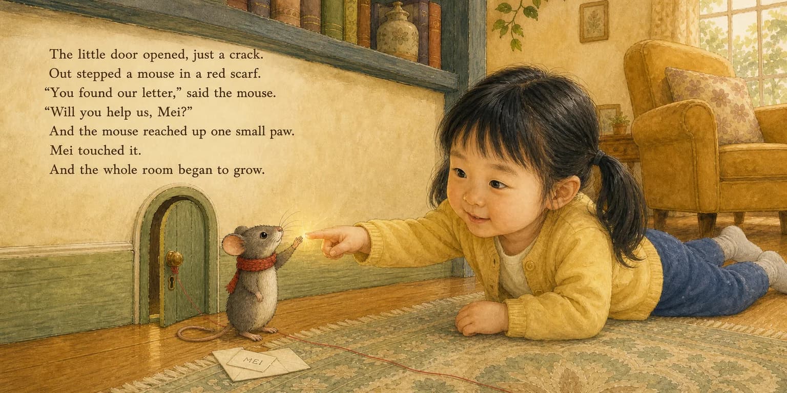 The mouse reaches up one small paw and Mei touches it