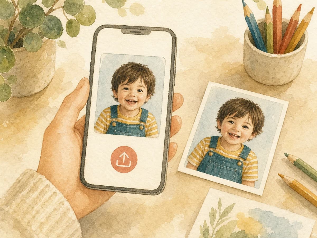Parent uploading one child photo from a phone on a warm tabletop.