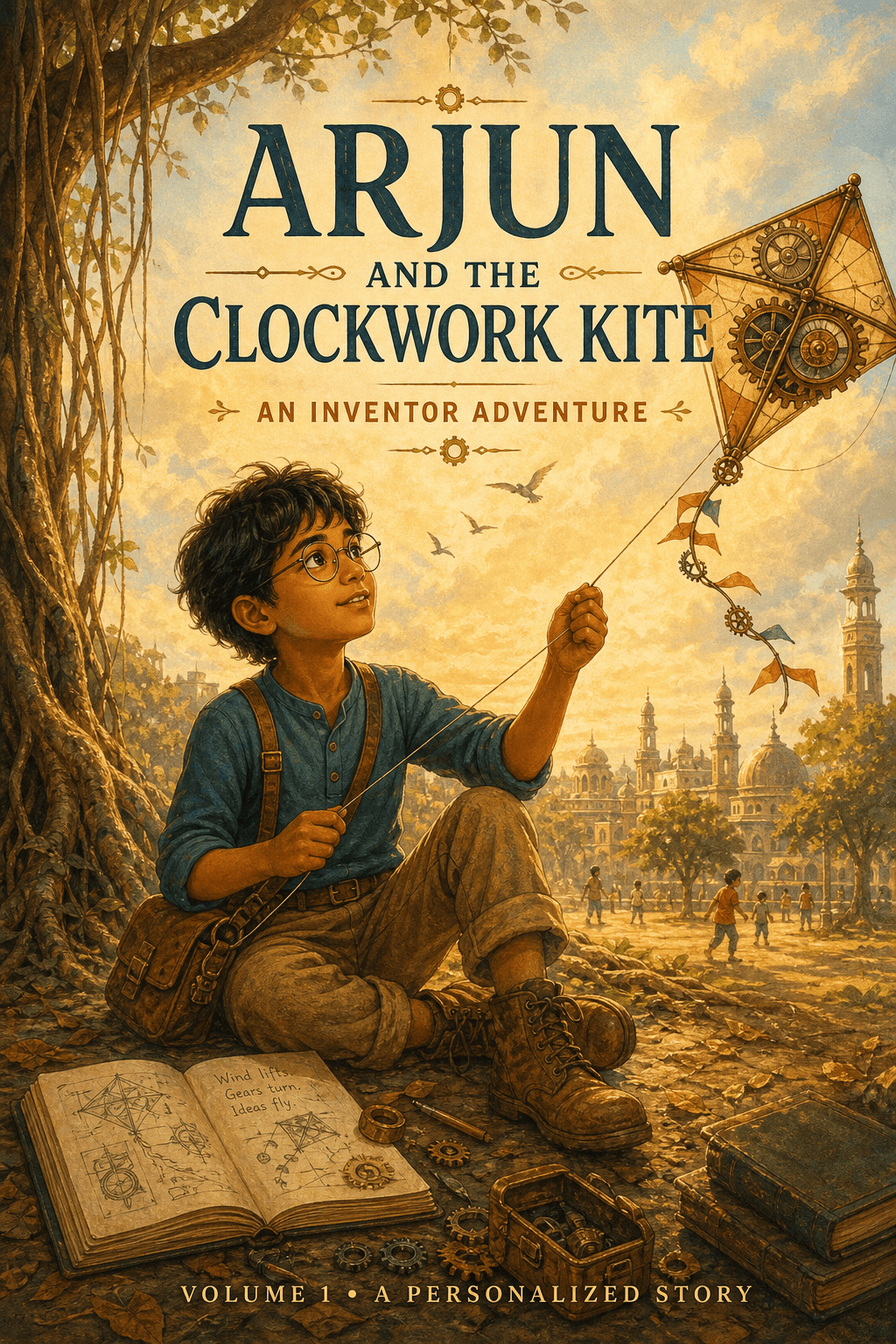 Portrait-format custom hardcover cover titled Arjun and the Clockwork Kite: An Inventor Adventure.