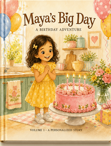 Portrait-format custom hardcover cover titled Maya's Big Day: A Birthday Adventure.
