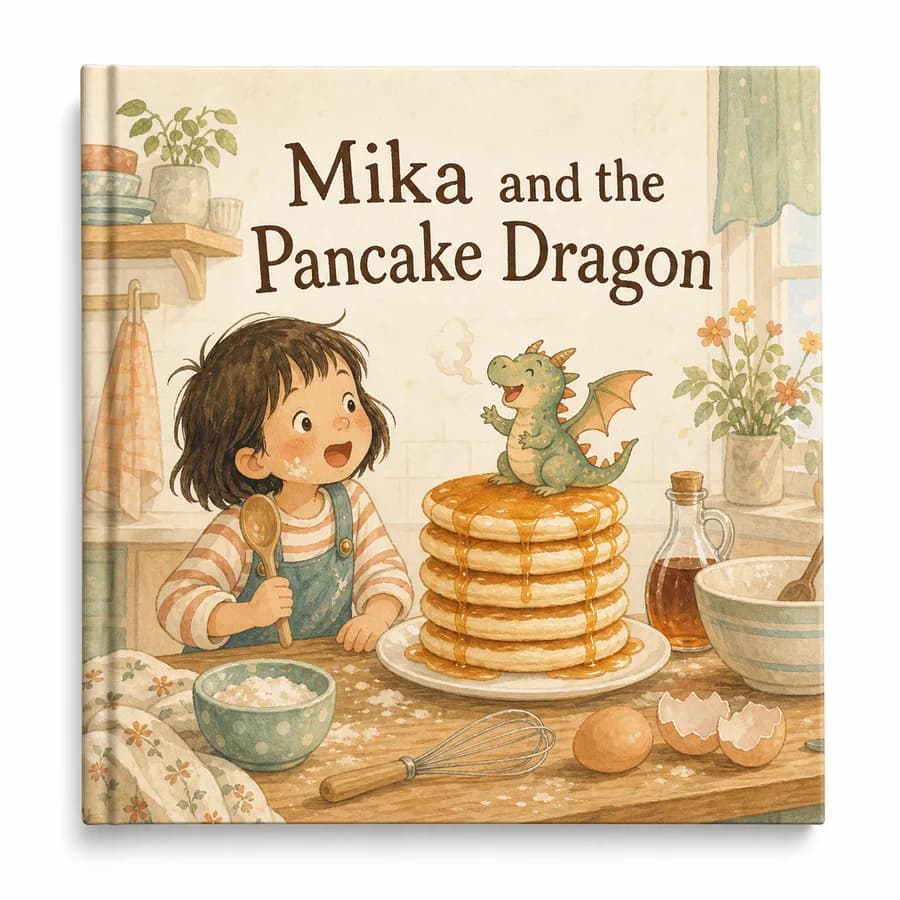 Custom hardcover cover titled Mika and the Pancake Dragon.