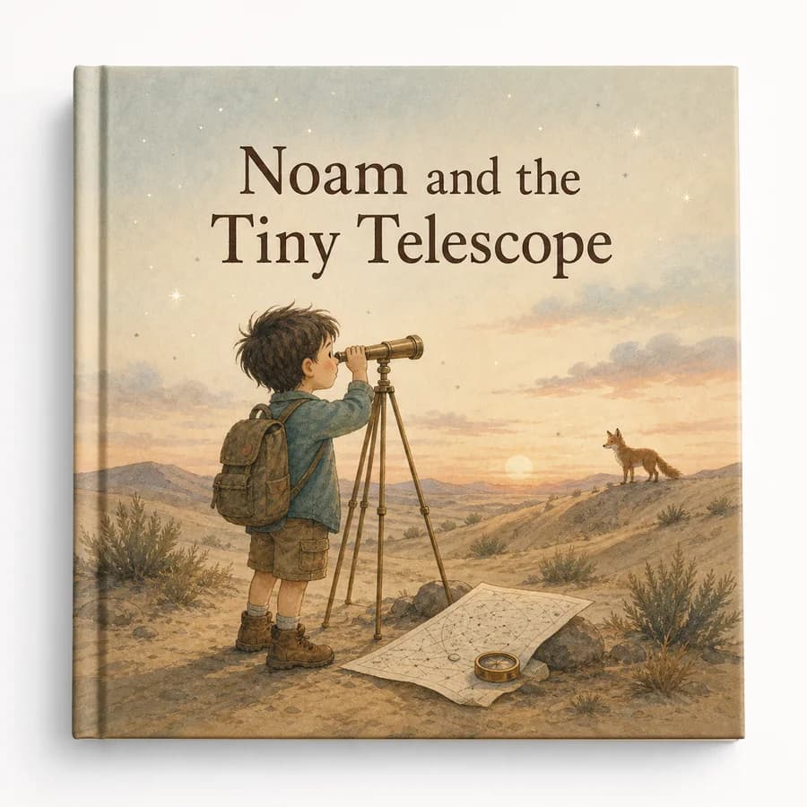 Custom hardcover cover titled Noam and the Tiny Telescope.