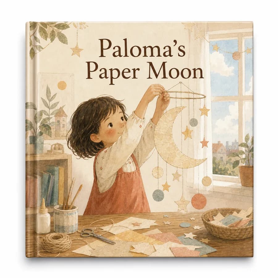 Custom hardcover cover titled Paloma's Paper Moon.