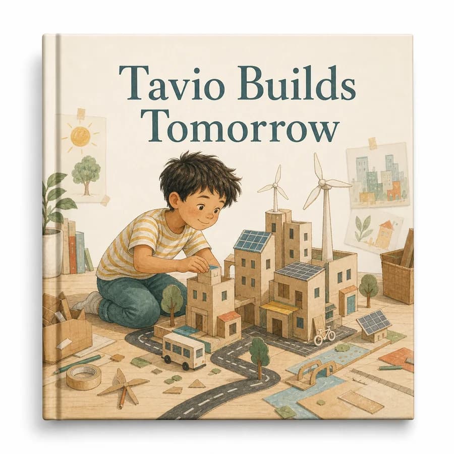 Custom hardcover cover titled Tavio Builds Tomorrow.