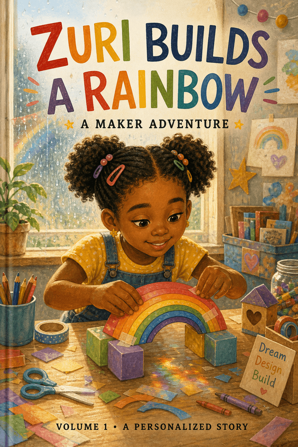 Portrait-format custom hardcover cover titled Zuri Builds a Rainbow: A Maker Adventure.