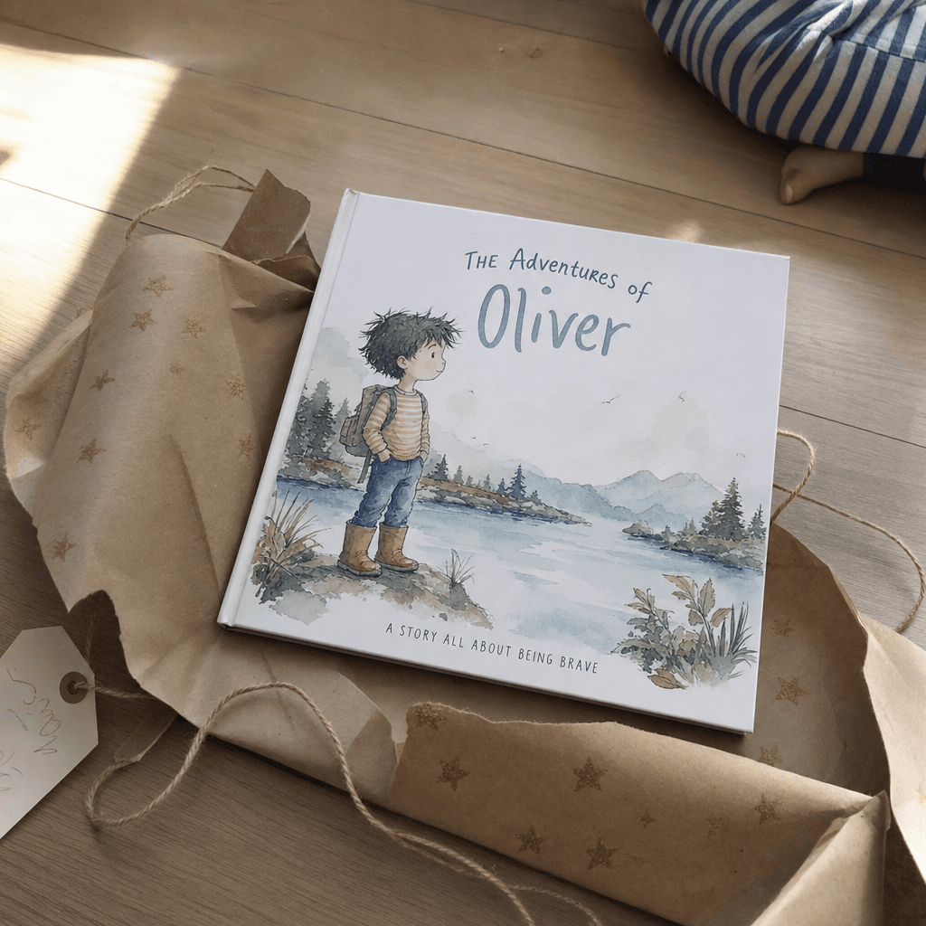 A personalized hardcover half-pulled out of torn kraft-paper wrapping with a twine bow.