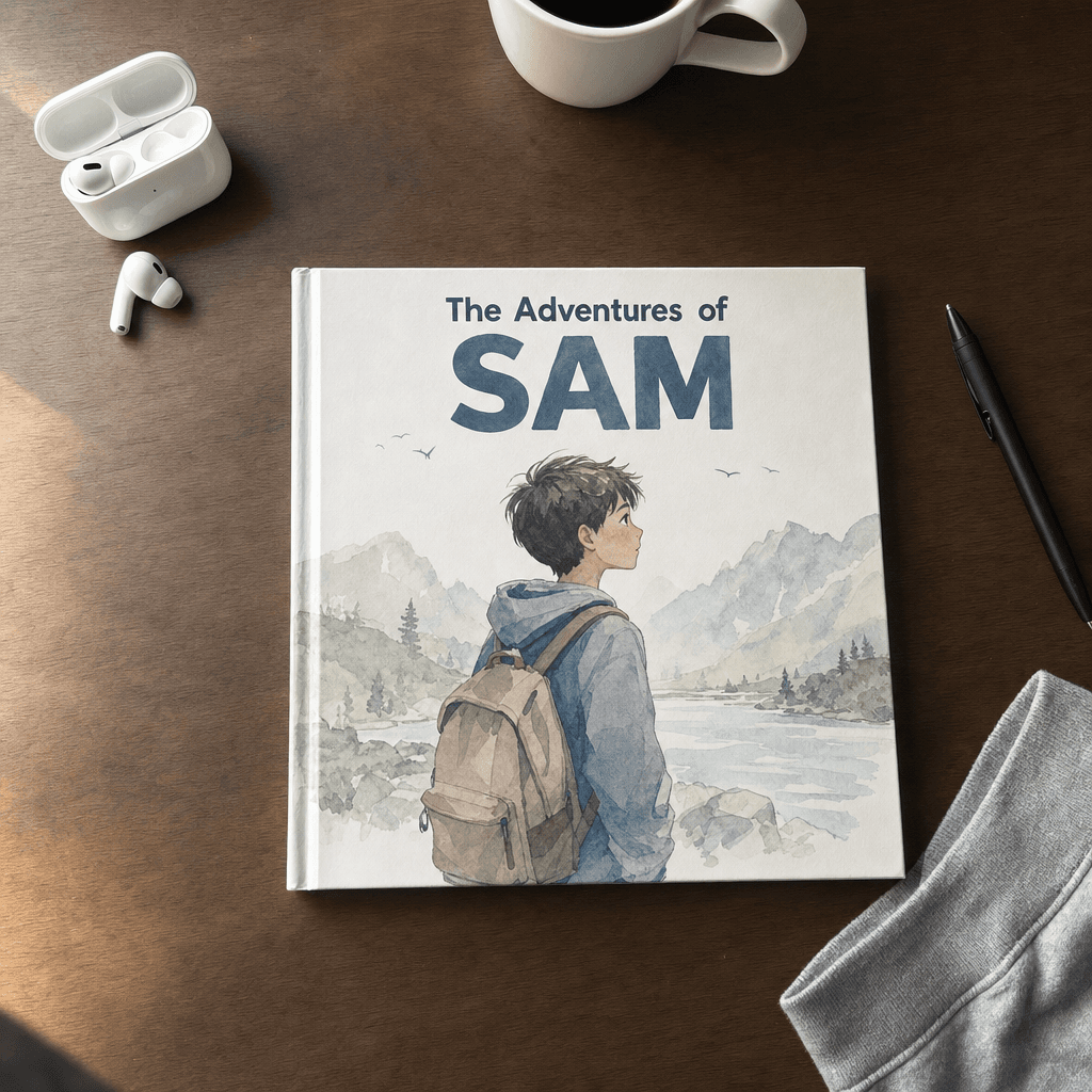 Sam's hardcover on a walnut desk with AirPods, a coffee mug, and a folded sweatshirt.