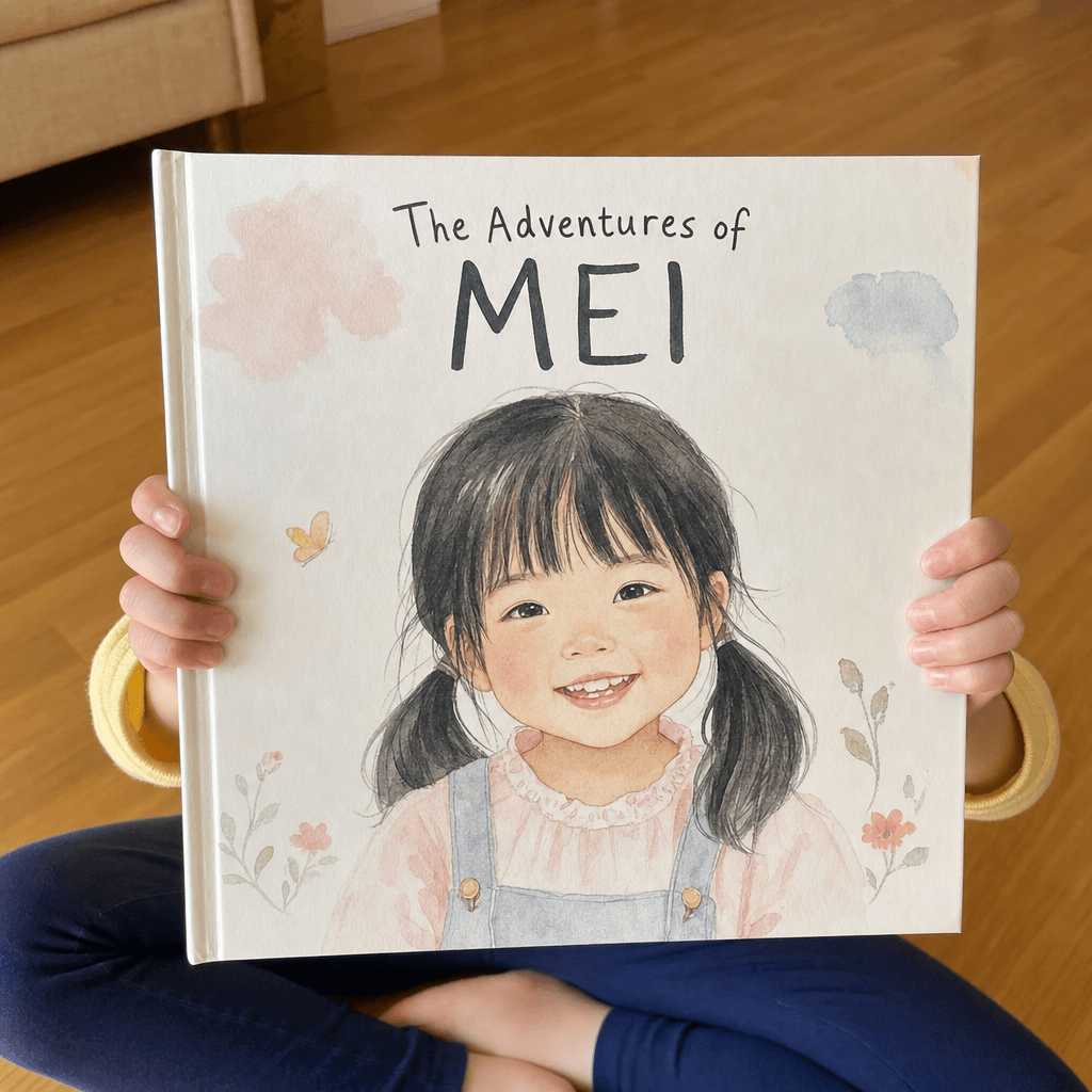 Mei holding up her personalized hardcover, 'The Adventures of MEI,' her face out of frame.