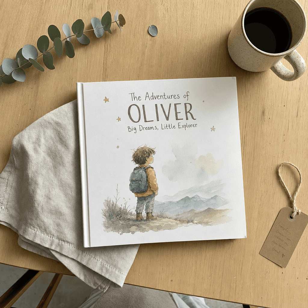 A finished personalized hardcover resting on a sunlit table.