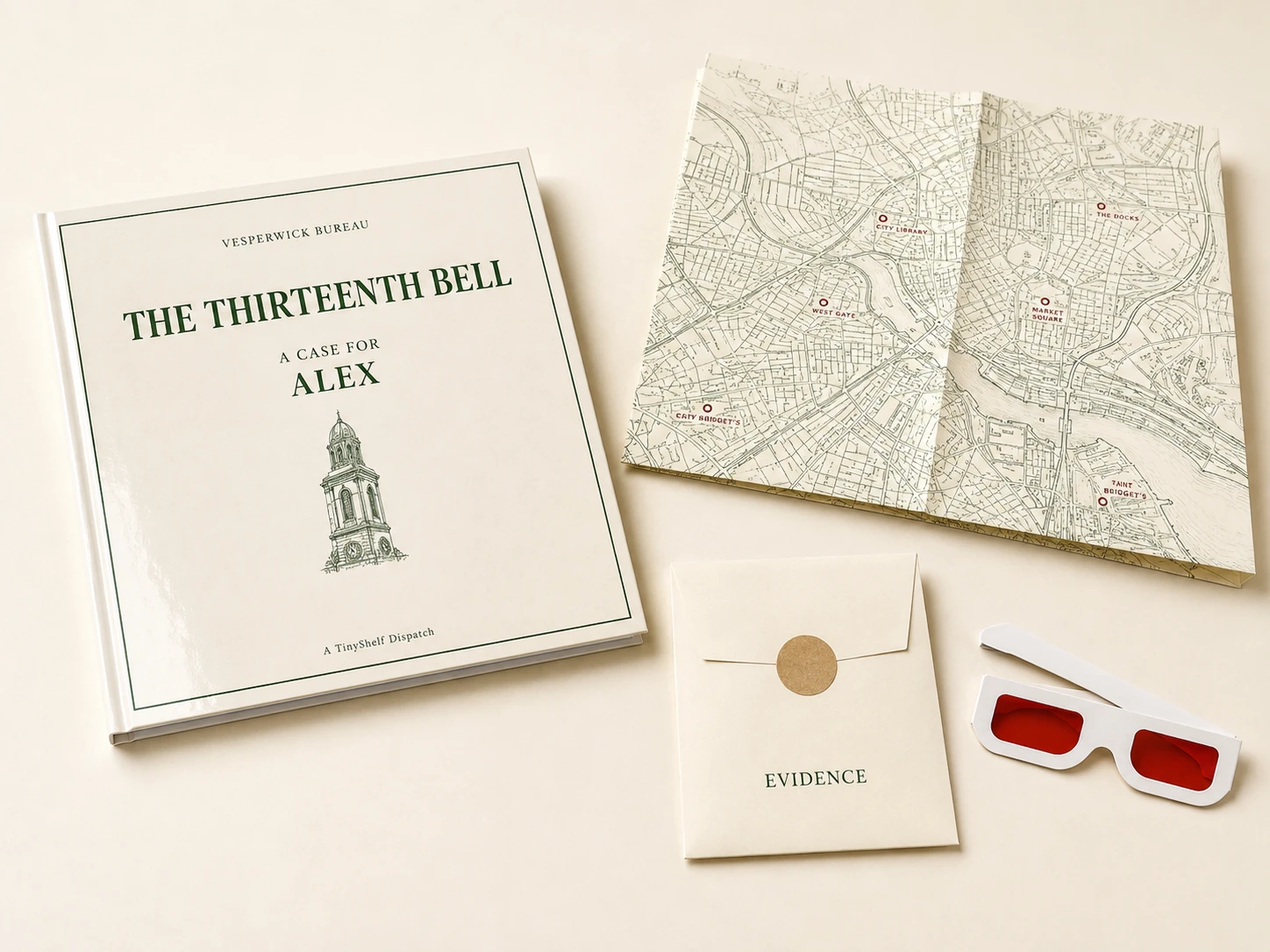 Concept rendering of The Thirteenth Bell case: a personalized hardcover, city map, sealed evidence envelope, and red-lens decoder glasses
