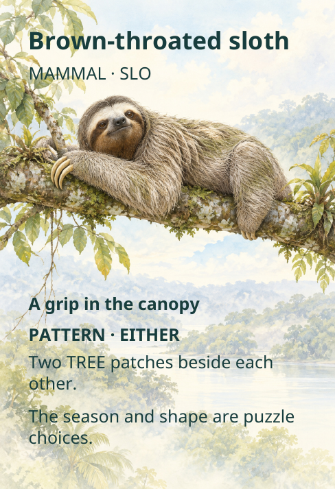Brown-throated sloth
MAMMAL · SLO
A grip in the canopy
PATTERN · EITHER
Two TREE patches beside each
other.
The season and shape are puzzle
choices.