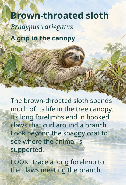 Brown-throated sloth
Bradypus variegatus
A grip in the canopy
The brown-throated sloth spends
much of its life in the tree canopy.
Its long forelimbs end in hooked
claws that curl around a branch.
Look beyond the shaggy coat to
see where the animal is
supported.
LOOK: Trace a long forelimb to
the claws meeting the branch.