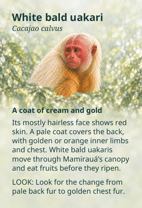 White bald uakari
Cacajao calvus
A coat of cream and gold
Its mostly hairless face shows red
skin. A pale coat covers the back,
with golden or orange inner limbs
and chest. White bald uakaris
move through Mamirauá’s canopy
and eat fruits before they ripen.
LOOK: Look for the change from
pale back fur to golden chest fur.