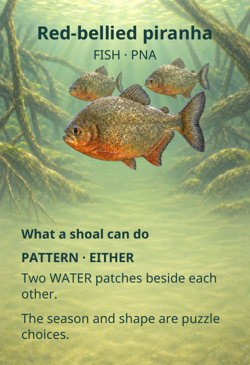 Red-bellied piranha
FISH · PNA
What a shoal can do
PATTERN · EITHER
Two WATER patches beside each
other.
The season and shape are puzzle
choices.