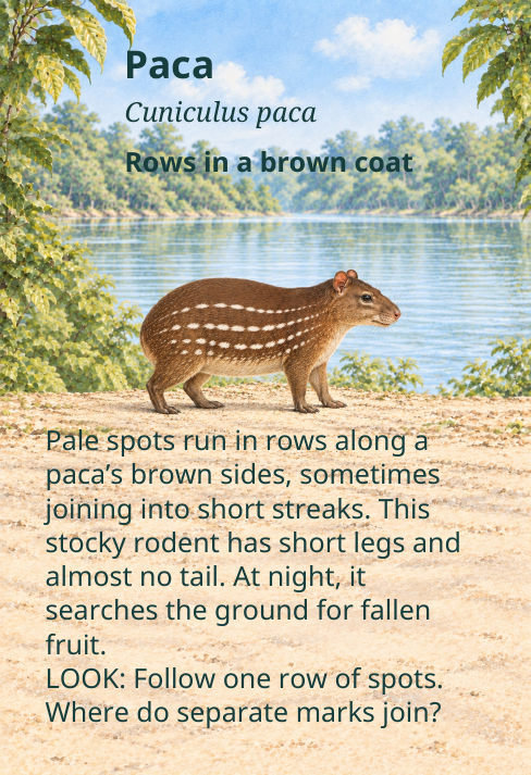 Paca
Cuniculus paca
Rows in a brown coat
Pale spots run in rows along a
paca’s brown sides, sometimes
joining into short streaks. This
stocky rodent has short legs and
almost no tail. At night, it
searches the ground for fallen
fruit.
LOOK: Follow one row of spots.
Where do separate marks join?
