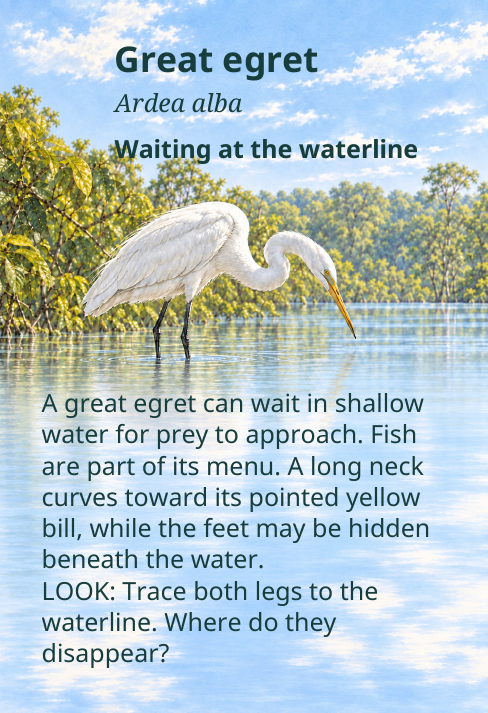 Great egret
Ardea alba
Waiting at the waterline
A great egret can wait in shallow
water for prey to approach. Fish
are part of its menu. A long neck
curves toward its pointed yellow
bill, while the feet may be hidden
beneath the water.
LOOK: Trace both legs to the
waterline. Where do they
disappear?