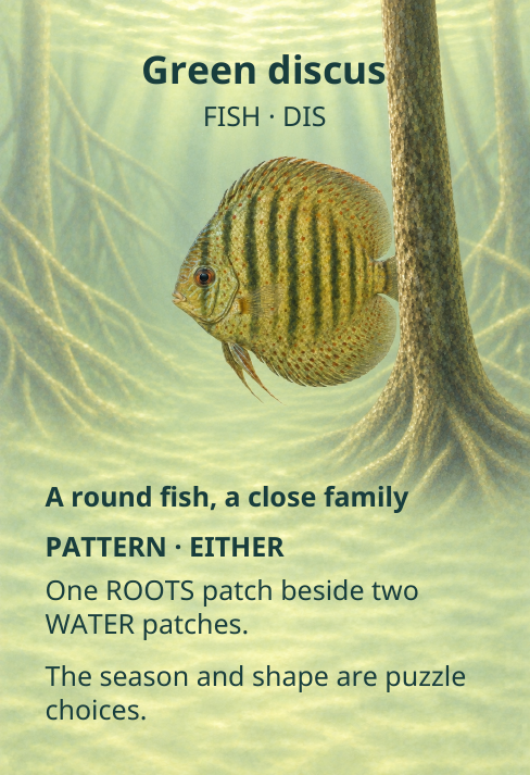 Green discus
FISH · DIS
A round fish, a close family
PATTERN · EITHER
One ROOTS patch beside two
WATER patches.
The season and shape are puzzle
choices.