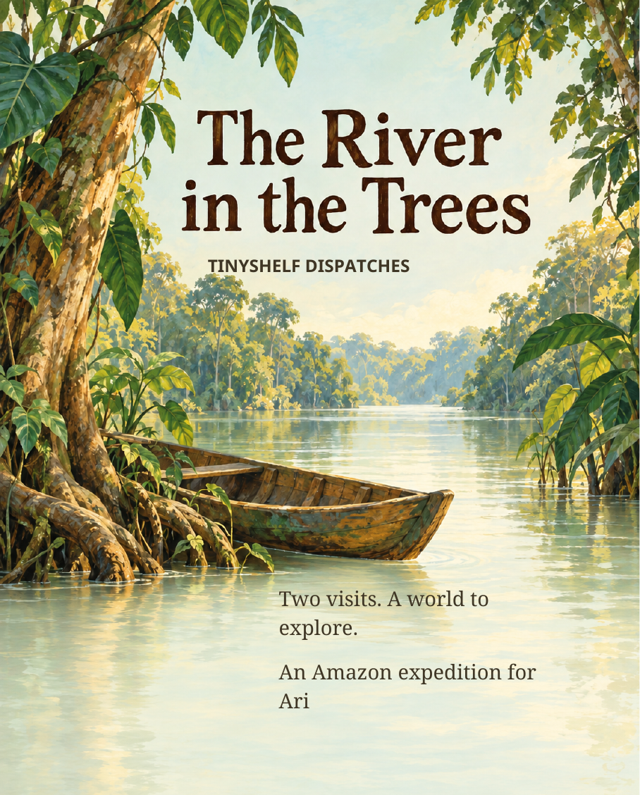 Front cover. TINYSHELF DISPATCHES
Two visits. A world to
explore.
An Amazon expedition for
Ari