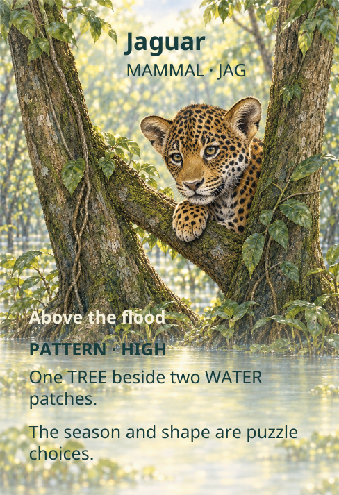 Jaguar
MAMMAL · JAG
Above the flood
PATTERN · HIGH
One TREE beside two WATER
patches.
The season and shape are puzzle
choices.