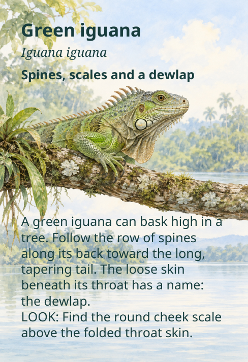 Green iguana
Iguana iguana
Spines, scales and a dewlap
A green iguana can bask high in a
tree. Follow the row of spines
along its back toward the long,
tapering tail. The loose skin
beneath its throat has a name:
the dewlap.
LOOK: Find the round cheek scale
above the folded throat skin.