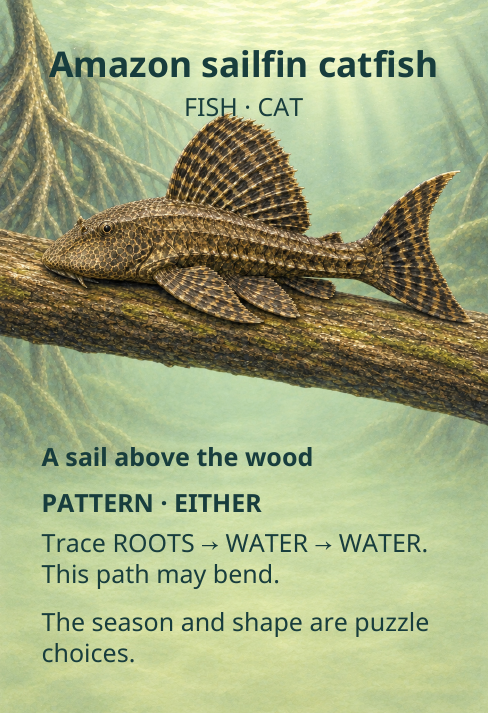 Amazon sailfin catfish
FISH · CAT
A sail above the wood
PATTERN · EITHER
Trace ROOTS
→
WATER
→
WATER.
This path may bend.
The season and shape are puzzle
choices.