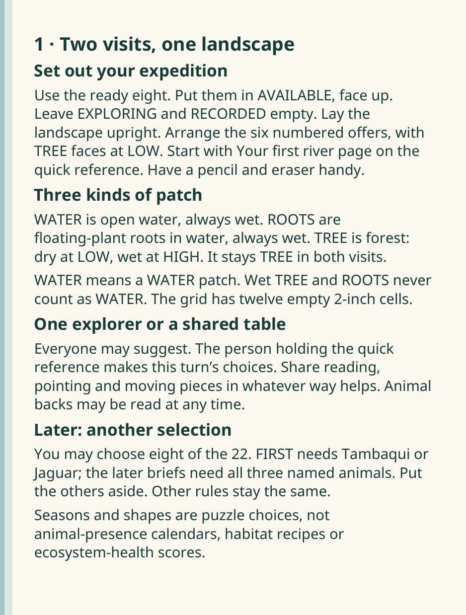 1 · Two visits, one landscape
Set out your expedition
Use the ready eight. Put them in AVAILABLE, face up.
Leave EXPLORING and RECORDED empty. Lay the
landscape upright. Arrange the six numbered offers, with
TREE faces at LOW. Start with Your first river page on the
quick reference. Have a pencil and eraser handy.
Three kinds of patch
WATER is open water, always wet. ROOTS are
floating-plant roots in water, always wet. TREE is forest:
dry at LOW, wet at HIGH. It stays TREE in both visits.
WATER means a WATER patch. Wet TREE and ROOTS never
count as WATER. The grid has twelve empty 2-inch cells.
One explorer or a shared table
Everyone may suggest. The person holding the quick
reference makes this turn’s choices. Share reading,
pointing and moving pieces in whatever way helps. Animal
backs may be read at any time.
Later: another selection
You may choose eight of the 22. FIRST needs Tambaqui or
Jaguar; the later briefs need all three named animals. Put
the others aside. Other rules stay the same.
Seasons and shapes are puzzle choices, not
animal-presence calendars, habitat recipes or
ecosystem-health scores.