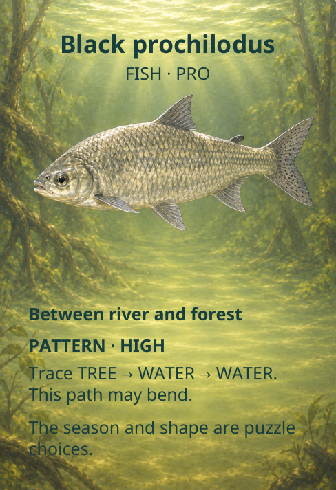 Black prochilodus
FISH · PRO
Between river and forest
PATTERN · HIGH
Trace TREE
→
WATER
→
WATER.
This path may bend.
The season and shape are puzzle
choices.