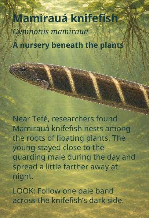 Mamirauá knifefish
Gymnotus mamiraua
A nursery beneath the plants
Near Tefé, researchers found
Mamirauá knifefish nests among
the roots of floating plants. The
young stayed close to the
guarding male during the day and
spread a little farther away at
night.
LOOK: Follow one pale band
across the knifefish’s dark side.