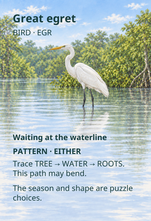 Great egret
BIRD · EGR
Waiting at the waterline
PATTERN · EITHER
Trace TREE
→
WATER
→
ROOTS.
This path may bend.
The season and shape are puzzle
choices.