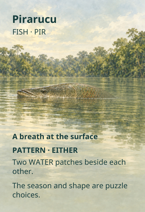 Pirarucu
FISH · PIR
A breath at the surface
PATTERN · EITHER
Two WATER patches beside each
other.
The season and shape are puzzle
choices.
